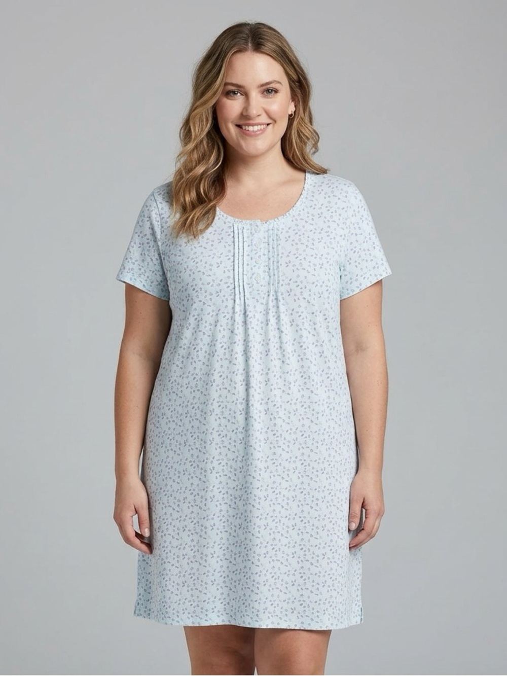 Adonna Light Blue Floral Pintuck Short-Sleeve Nightdress